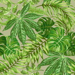 Seamless exotic pattern with tropical leaves on a beige background. Vector illustration. Vector illustration.