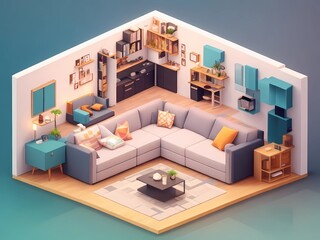 Isometric Modern Living Room Design, Eclectic Interior Design
