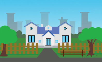 Urban landscape with large modern buildings and suburb with private houses on a background parks, Street, Concept city and suburban life.