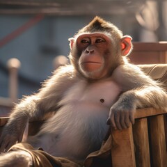 Monkey relaxing on a wooden chair. Generative AI