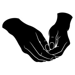 Folded human hands. Black and white negative silhouette. Cartoon style. Isolated vector illustration.