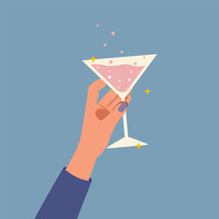 Hand holding glasses of champagne or wine, Cheers banner, Cocktail party concept.