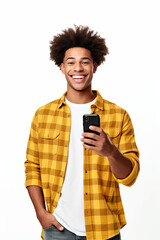 A handsome afro young holding phone on white background. Generative AI
