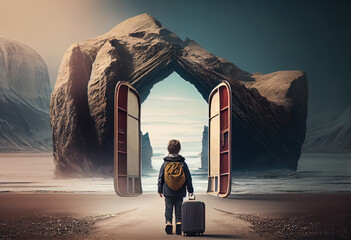 Little boy walking with suitcase to large opens doors leading to the ocean. Heaven gates, imagination, travel, exploration, explore, story, illustration Generative AI