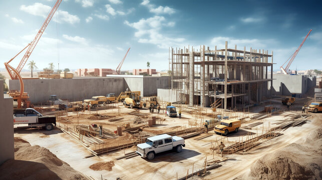panoramic view of the construction site on a sunny day. Generative Ai. 
