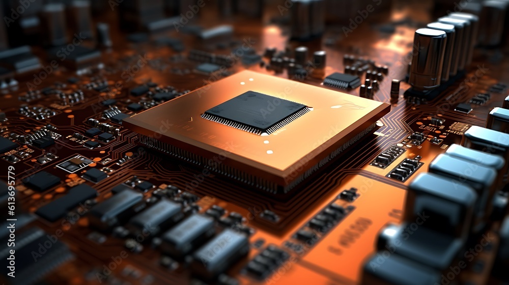Wall mural illustration of a circuit cyberspace board with a macro shot, showcasing computer motherboard compon