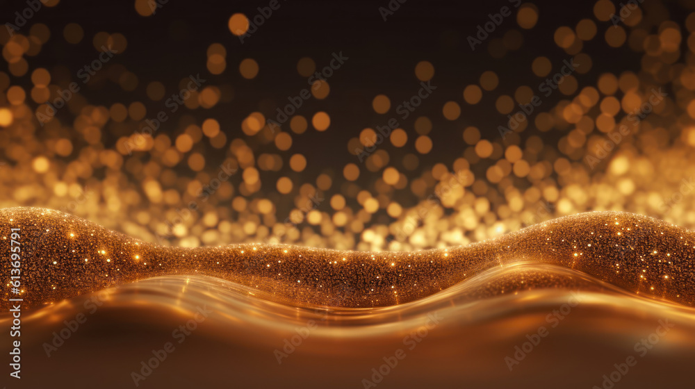 Wall mural Abstract light bright wave moving dots flow particles a glitter golden background