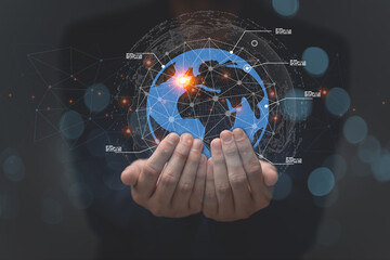 Obraz premium Big data and analytics visualization technology with scientist analyzing information structure on virtual screen, machine learning to extract predictions for business, internet of things, iot 