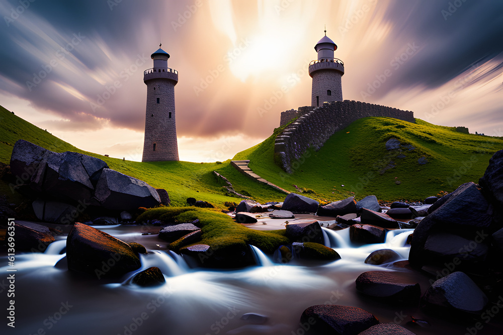 Wall mural lighthouse at sunset created using ai generative technology