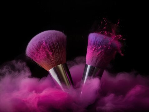 Make up brush with purple powder isolated on black background. Generative AI