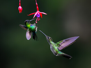 Fiery-throated Hummingbird and Talamanca Hummingbird in flight feeding on purple flower against green background