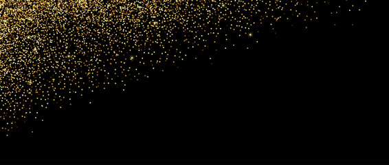 Falling golden glitter background. Small sparkling confetti wallpaper. Splashed gold dots texture. Design element for posters, Christmas birthday decoration. Vector