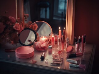 Fototapeta na wymiar Luxurious pink make up and perfume set on the pink table. Generative AI