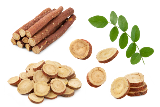 set of herbal medicine licorice root sticks and slices with leaf isolated on white background.