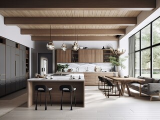 Fototapeta na wymiar Modern contemporary wooden kitchen room. Generative AI