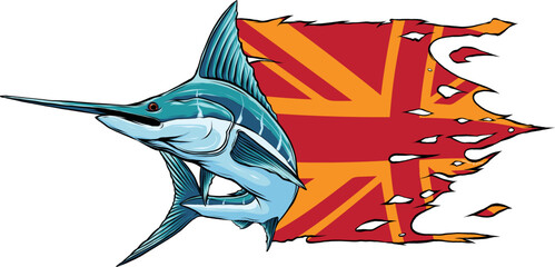 vector illustration of sword fish wirh british flag