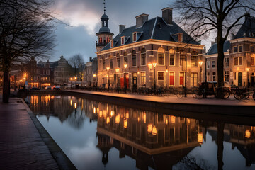Fototapeta premium De Waag (Weigh building) near the Waagplein Square at dusk night time, Alkmaar, Netherlands