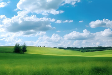Obraz premium Beautiful green summer landscape with fields, hills and pond (Generative AI)