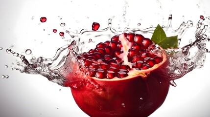 Sliced of red pomegranate or Punica granatum fruit with water splashing white background. Generative AI technology.