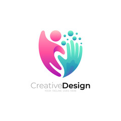 Hand people care logo template, 3d colorful design , social