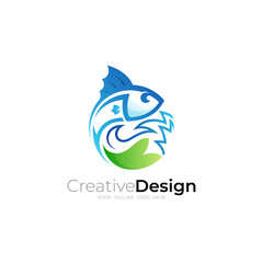 Abstract fish logo with 3d colorful design, marine life icon, simple design