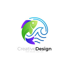 Fish logo and globe design combination, marine life icons