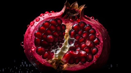 Sliced of red pomegranate or Punica granatum fruit with water drops isolated on black background. Generative AI technology.