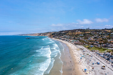 Fototapeta na wymiar Aerial View of La Jolla Beach in San Diego on a Sunny Day Looking North Towards the Scripps Memorial Pier