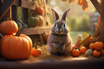 Fototapeta na wymiar Cute Grey Bunny Rabbit Standing in the Garden Harvesting Pumpkins During Harvest Season