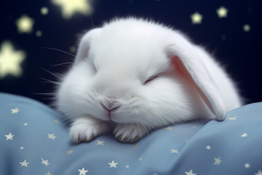 Cute White Bunny Sleeping with Soundly and Cozy in the Room at Night