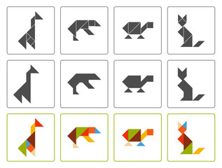 Tangram puzzle for kids. Set of tangram animals.