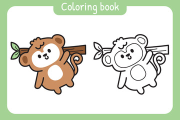 Obraz na płótnie Canvas Coloring book.Painting book for kid.Cute monkey stay on tree cartoon.Wild animal character design.School and student.Kawaii.Vector.Illustration.