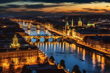 Fototapeta na wymiar Prague, Czech Republic bridges panorama with Charles Bridge