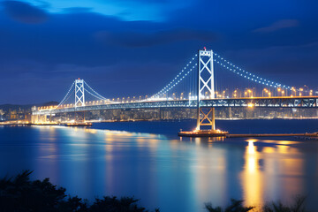 Fototapeta premium Panoramic view of the Yokohama Bay Bridge at night, Tokyo, Japan