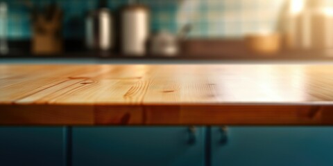 empty wooden table kitchen blurred