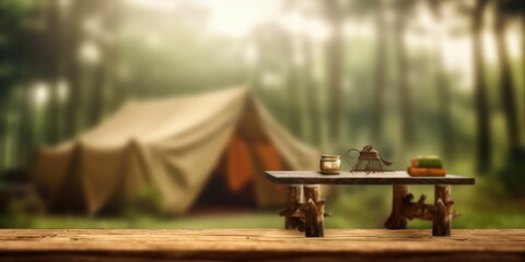 Fototapeta premium empty wooden table camping blurred