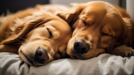 Two cute dogs cuddling and sleeping together on a bed. Generative AI illustration.