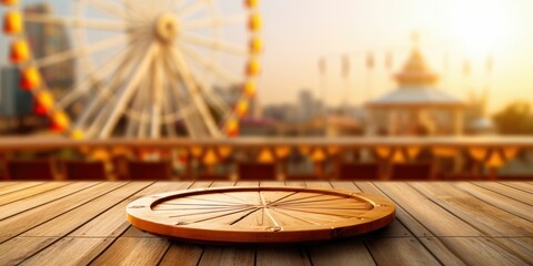 Fototapeta na wymiar wooden table, Ferris wheel blurred
