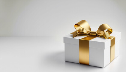 Realistic white gift box with golden ribbon bow on white studio background. Empty space for party,...