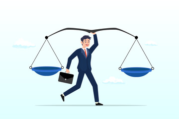 Confident businessman leader lift balance ethical scale, principles and business ethic to do right things, social responsibility or integrity to earn trust, balance and justice for leadership (Vector) - obrazy, fototapety, plakaty