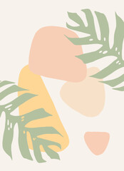 Tropical leaves minimal style with pastel background. design for wall art, prints, fabrics, lock screen, summer sale banner and wallpaper. Vector Illustration