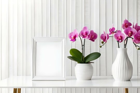 Empty white photo frame mockup, pink orchid flowers in vase on white table background. Front view