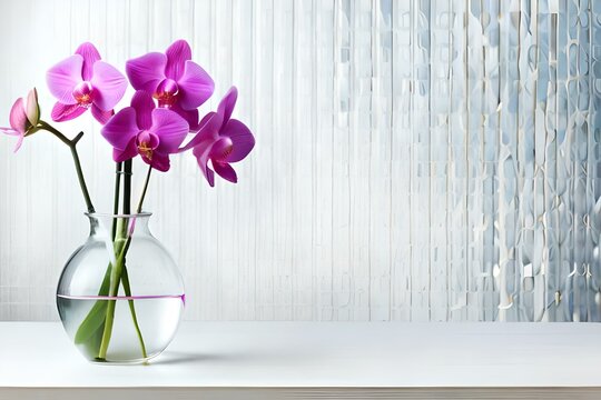 Empty pink photo frame mockup, pink orchid flowers in vase on white table background. Front view