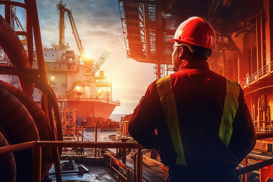 industry with cargo ship engineer worker.