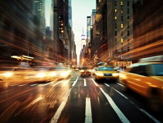Traffic in a metropolis city at night, motion blur, fast movement effect. Generative AI illustration.