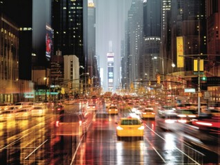 Fototapeta premium Traffic in a metropolis city at night, motion blur, fast movement effect. Generative AI illustration.