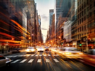 Fototapeta na wymiar Traffic in a metropolis city at night, motion blur, fast movement effect. Generative AI illustration.