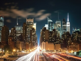 Fototapeta premium Traffic in a metropolis city at night, motion blur, fast movement effect. Generative AI illustration.