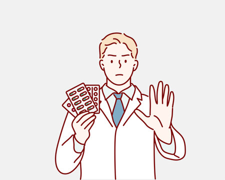 doctor hold pill with stop gesture. stop taking medication. Hand drawn style vector design illustrations.