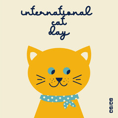 World Cat Day. International Cat Day. Cute holiday concept. Template with retro cat for card, poster, t-shirt with text inscription. Vector illustration